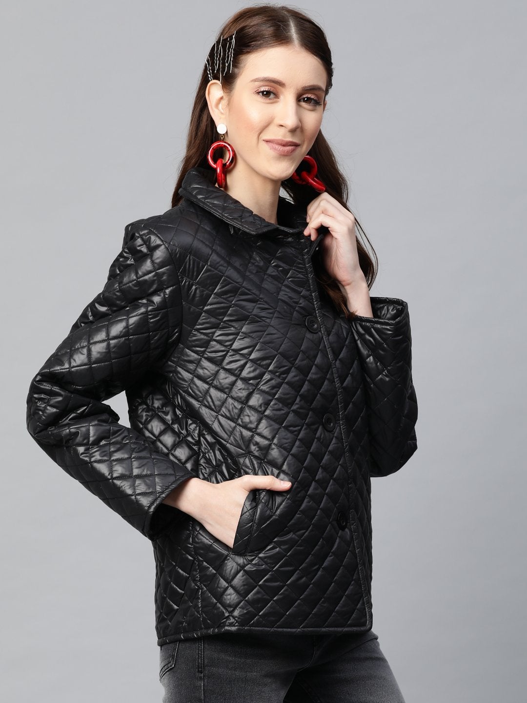 Women's Black Collared Quilted Puffer Jacket