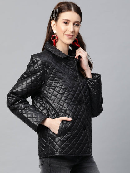 Women's Black Collared Quilted Puffer Jacket