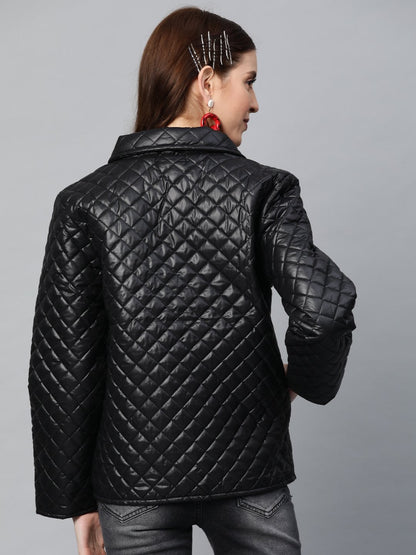 Women's Black Collared Quilted Puffer Jacket