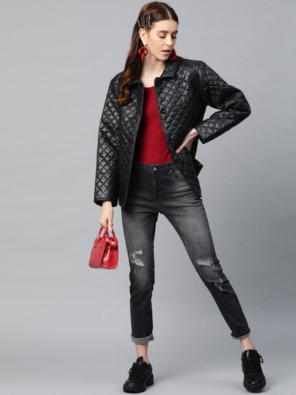 Women's Black Collared Quilted Puffer Jacket
