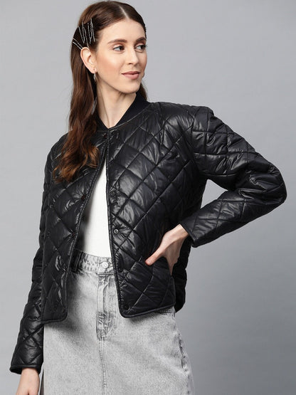 Women's Black Front Snap Button Quilted Puffer Jacket