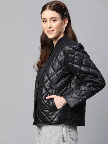 Women's Black Front Snap Button Quilted Puffer Jacket