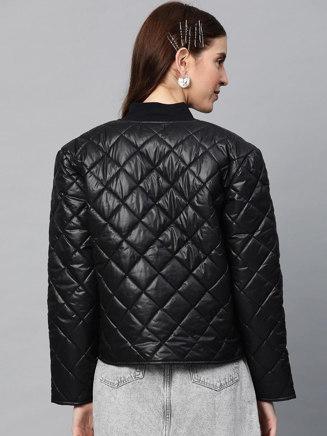 Women's Black Front Snap Button Quilted Puffer Jacket