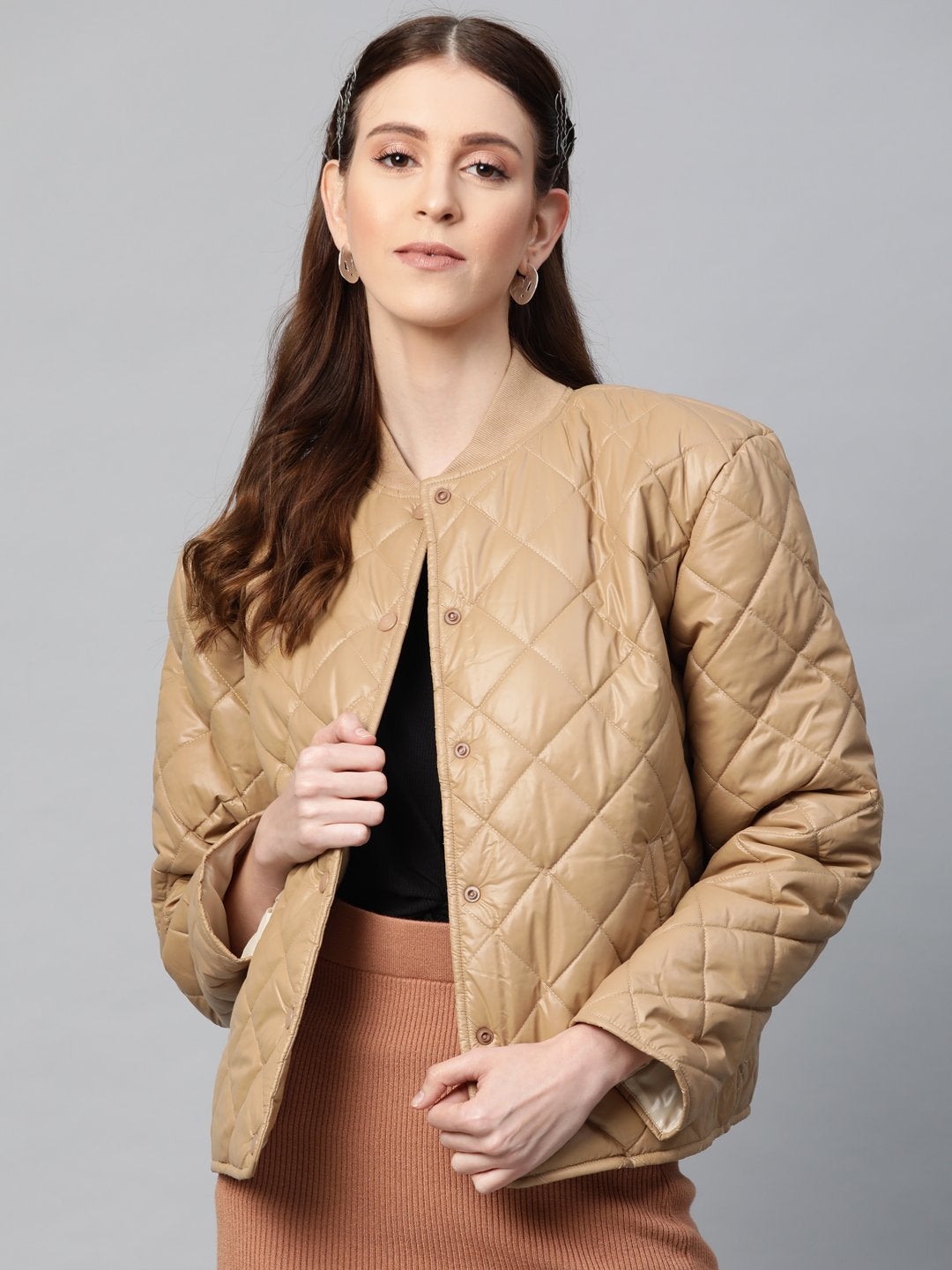 Women's Khaki Front Snap Button Quilted Puffer Jacket