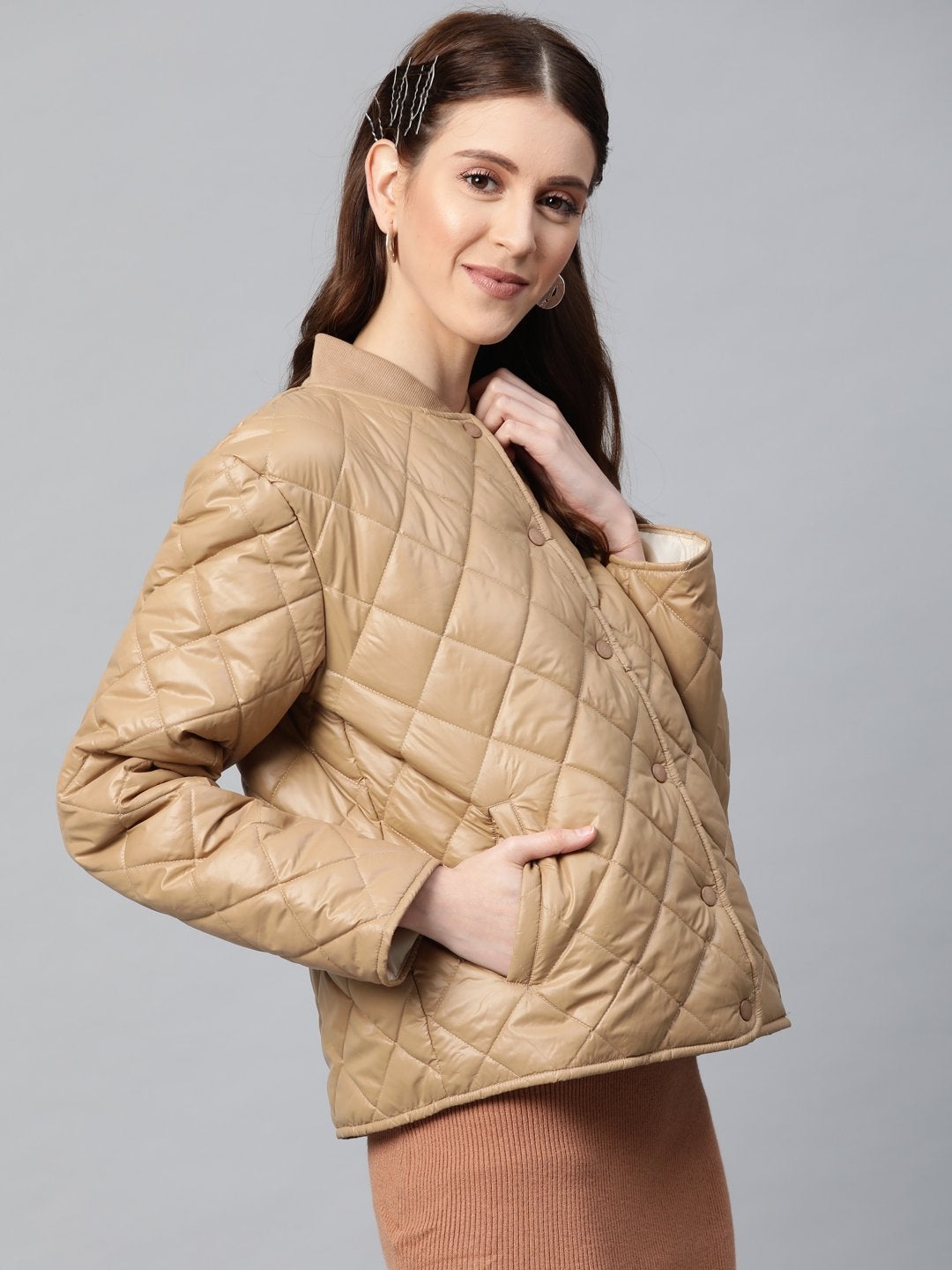 Women's Khaki Front Snap Button Quilted Puffer Jacket