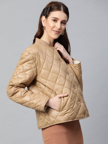 Women's Khaki Front Snap Button Quilted Puffer Jacket