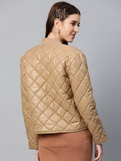 Women's Khaki Front Snap Button Quilted Puffer Jacket