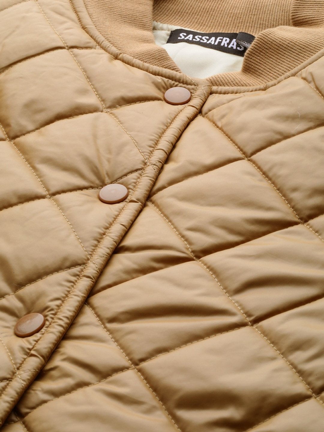 Women's Khaki Front Snap Button Quilted Puffer Jacket