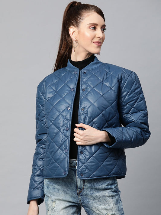 Women's Teal Front Snap Button Quilted Puffer Jacket