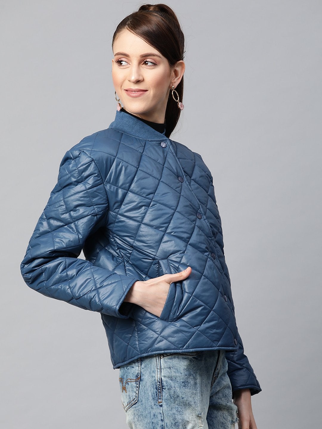 Women's Teal Front Snap Button Quilted Puffer Jacket