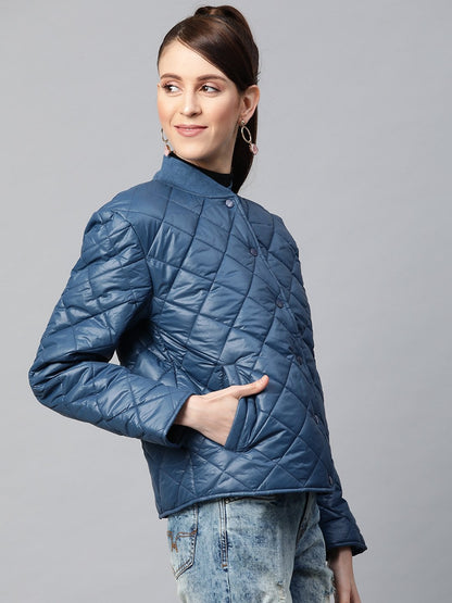 Women's Teal Front Snap Button Quilted Puffer Jacket