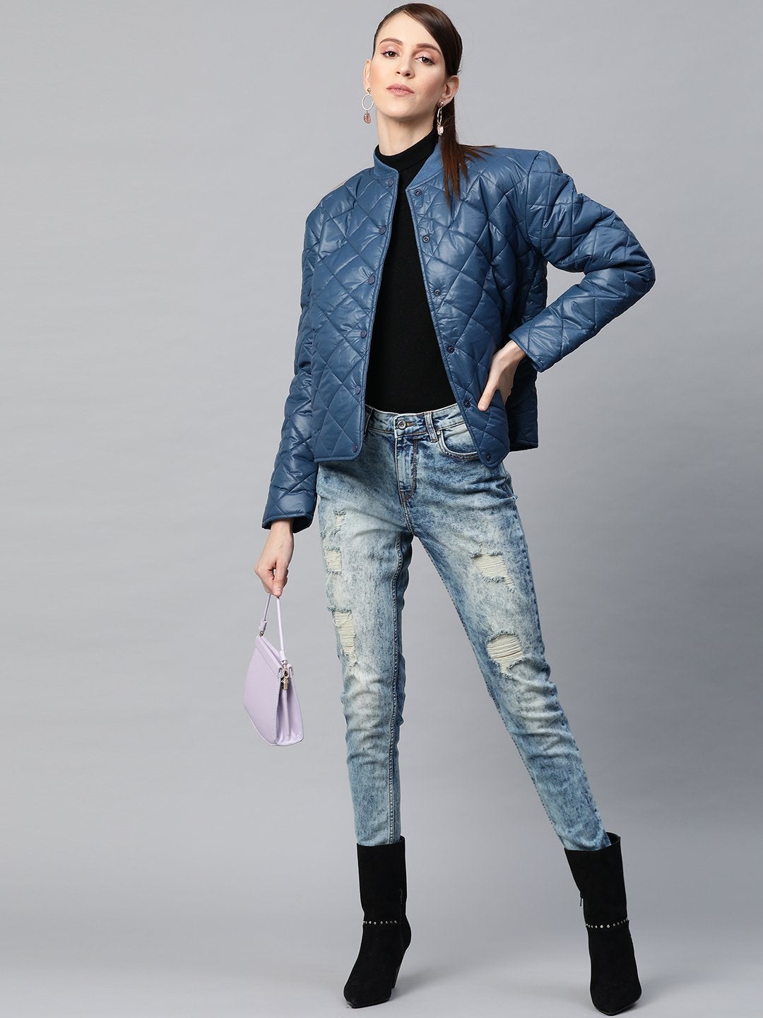 Women's Teal Front Snap Button Quilted Puffer Jacket