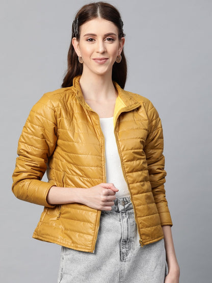Women's Mustard Zip-Pocket Quilted Puffer Jacket