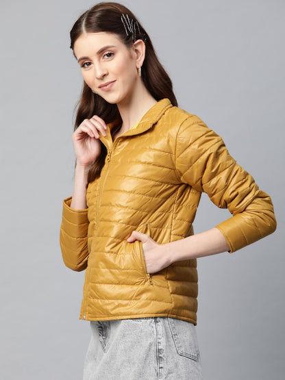 Women's Mustard Zip-Pocket Quilted Puffer Jacket