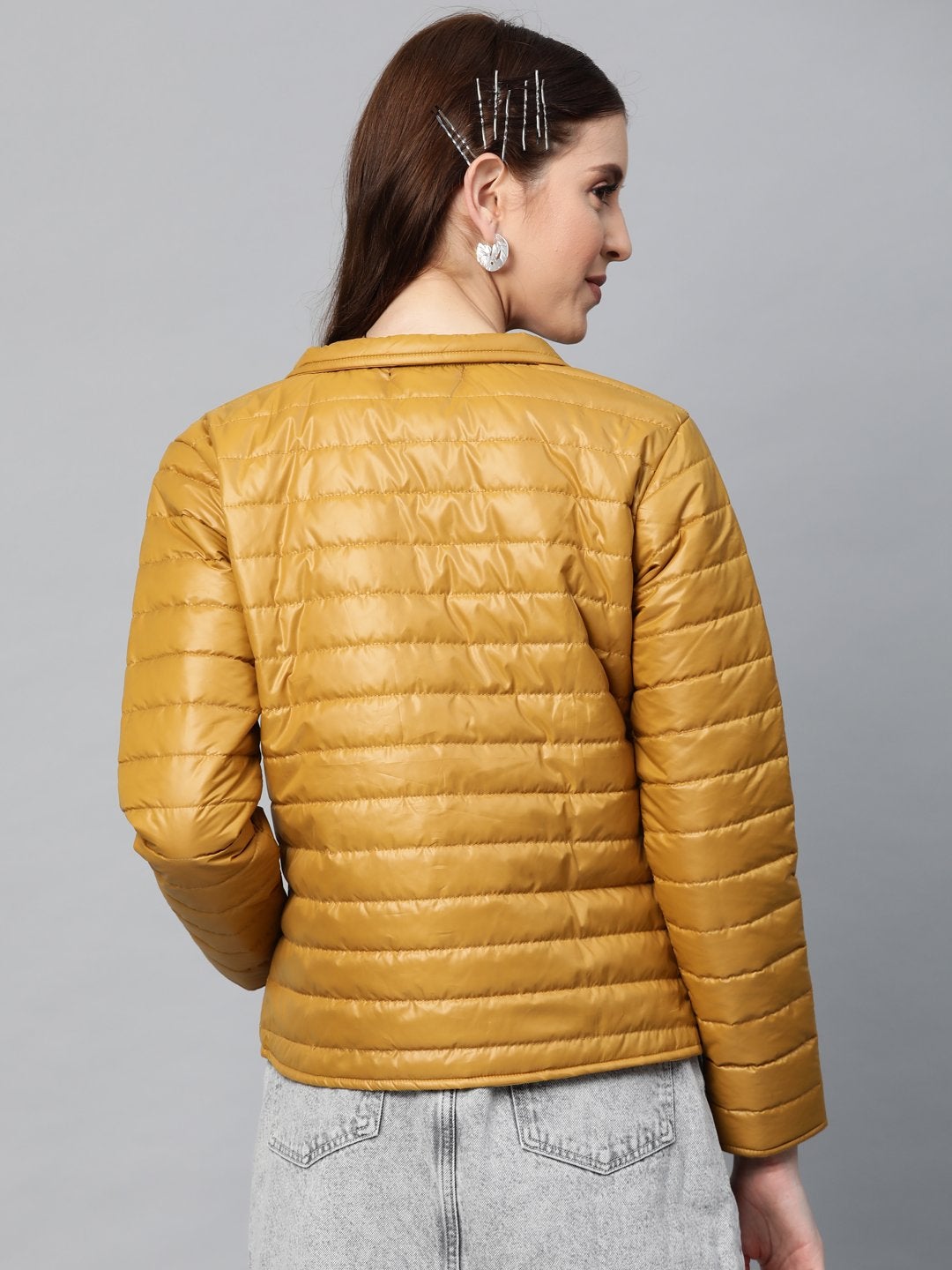 Women's Mustard Zip-Pocket Quilted Puffer Jacket