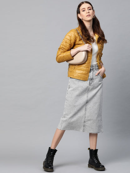 Women's Mustard Zip-Pocket Quilted Puffer Jacket