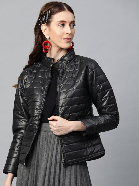 Women's Black Zip-Pocket Quilted Puffer Jacket