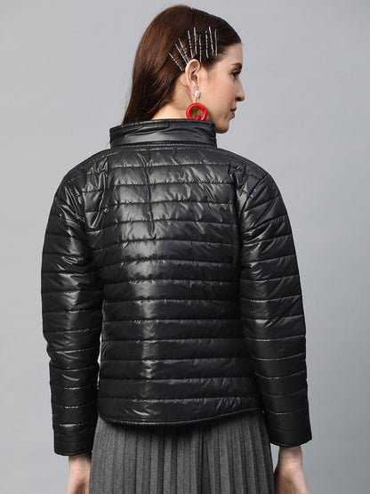 Women's Black Zip-Pocket Quilted Puffer Jacket
