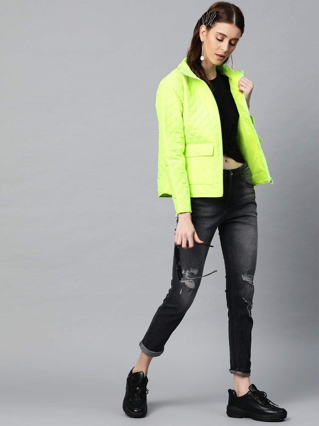 Women's Neon Green Flap Pockets Quilted Puffer Jacket