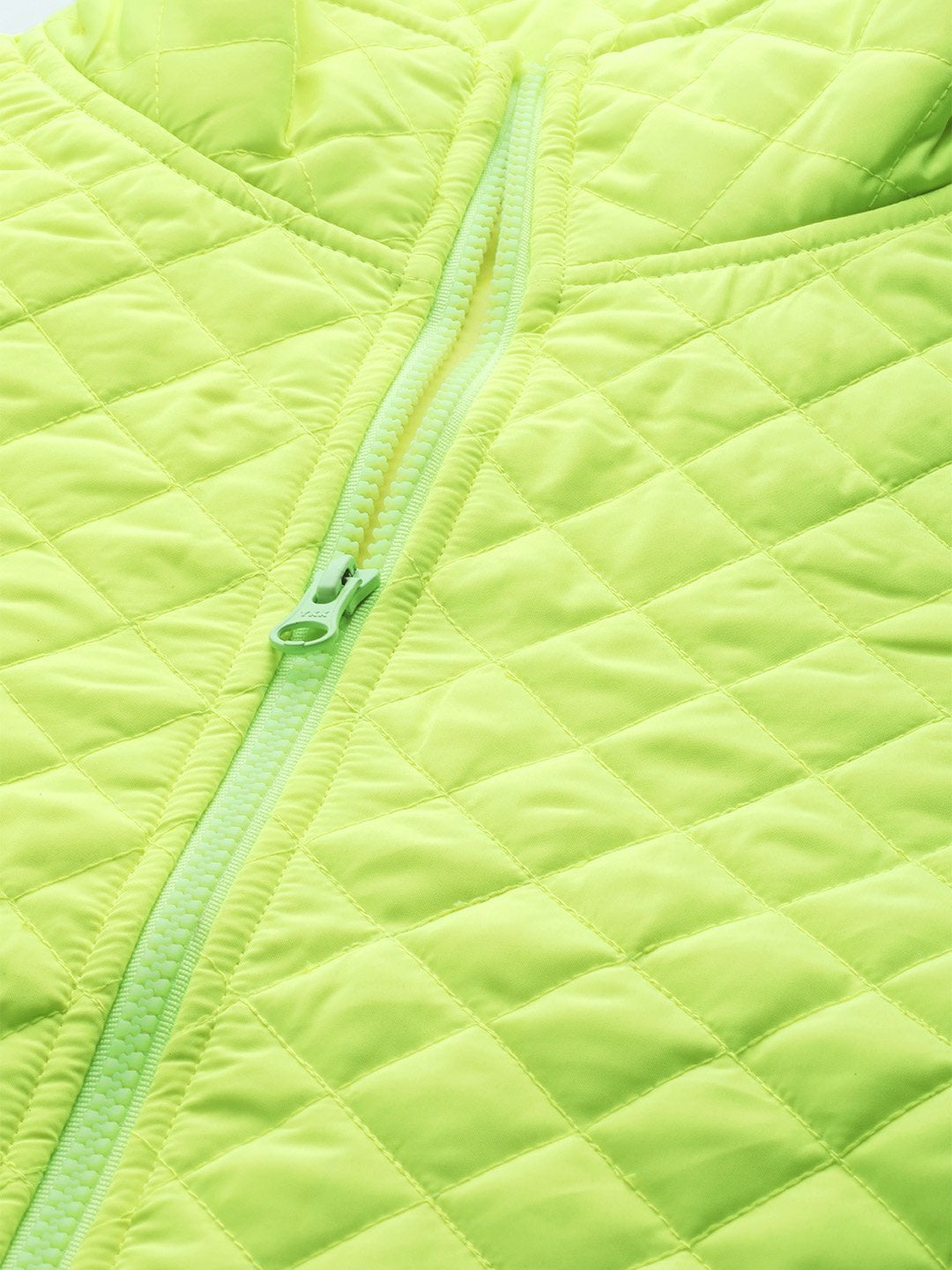 Women's Neon Green Flap Pockets Quilted Puffer Jacket