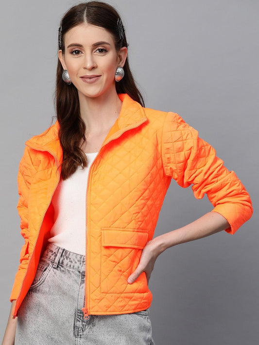 Women's Neon Orange Flap Pockets Quilted Puffer Jacket