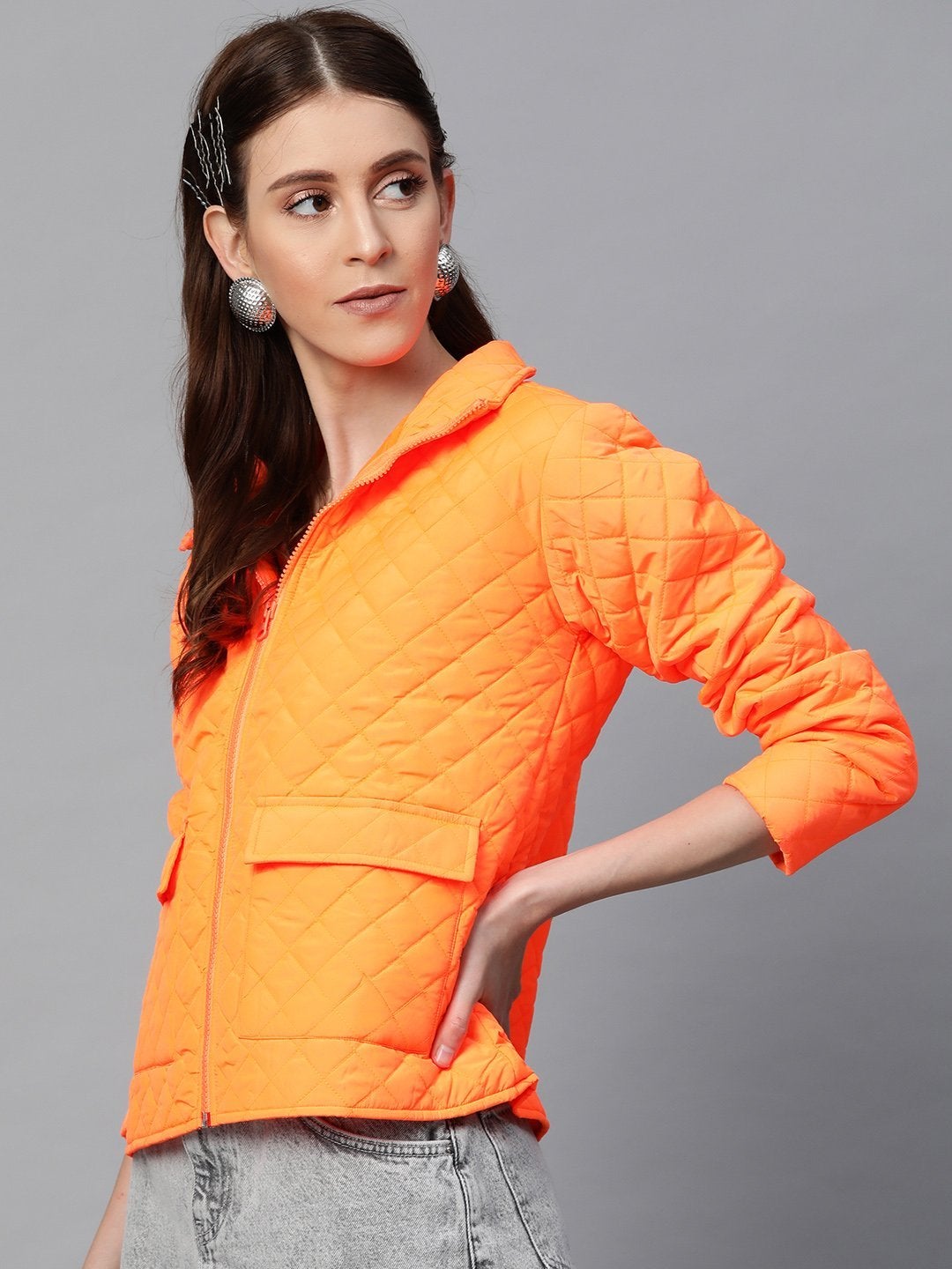 Women's Neon Orange Flap Pockets Quilted Puffer Jacket