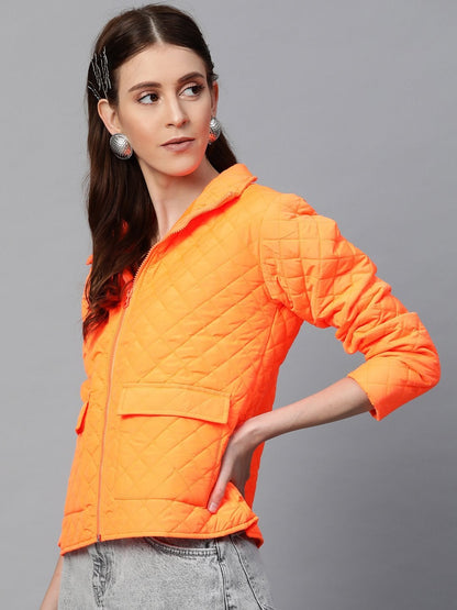 Women's Neon Orange Flap Pockets Quilted Puffer Jacket