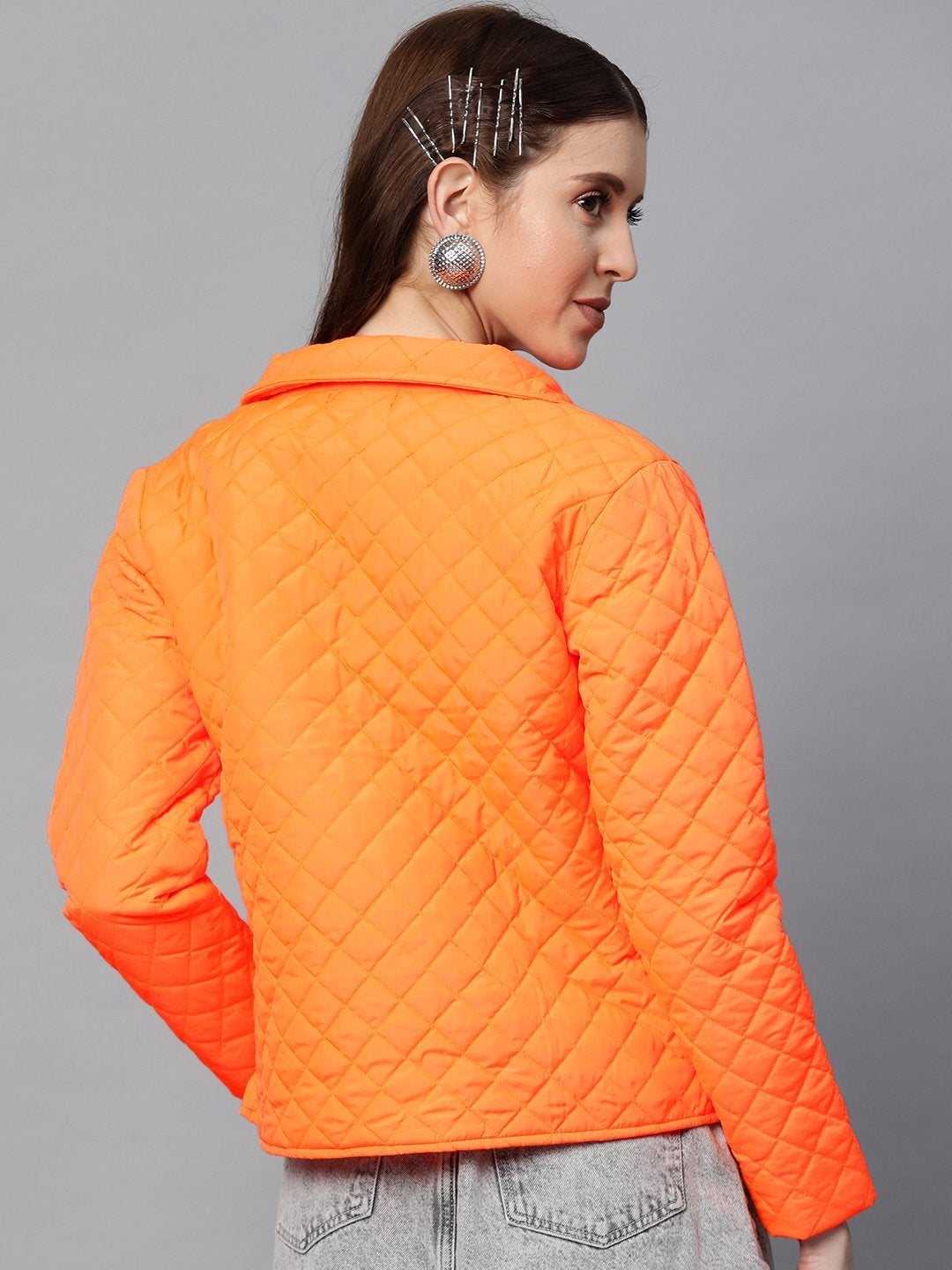 Women's Neon Orange Flap Pockets Quilted Puffer Jacket
