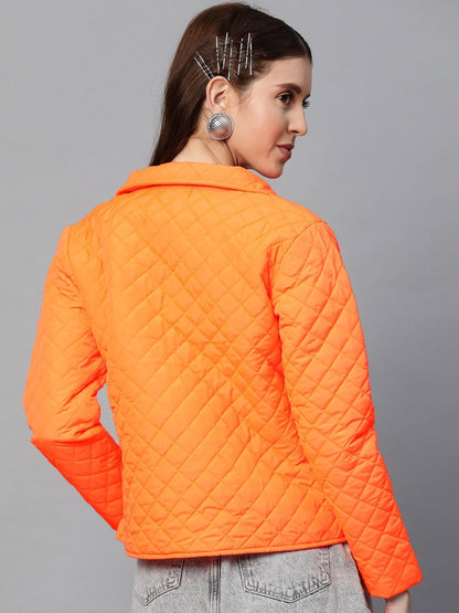 Women's Neon Orange Flap Pockets Quilted Puffer Jacket
