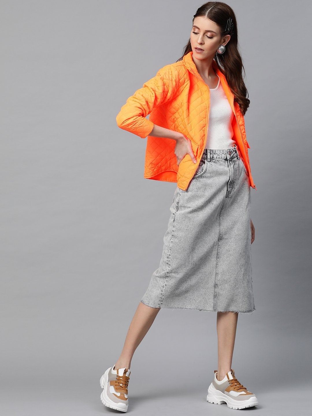 Women's Neon Orange Flap Pockets Quilted Puffer Jacket