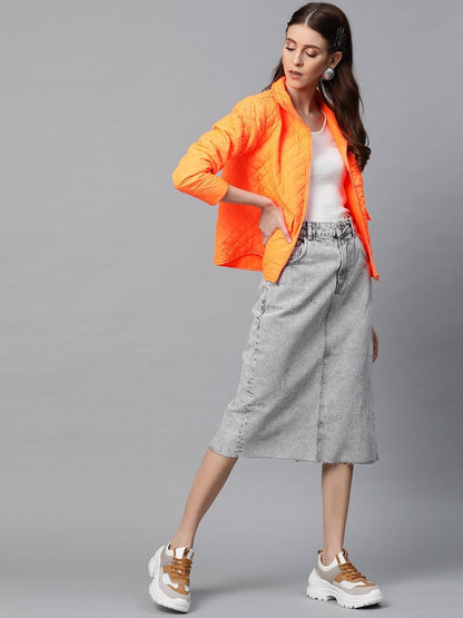 Women's Neon Orange Flap Pockets Quilted Puffer Jacket