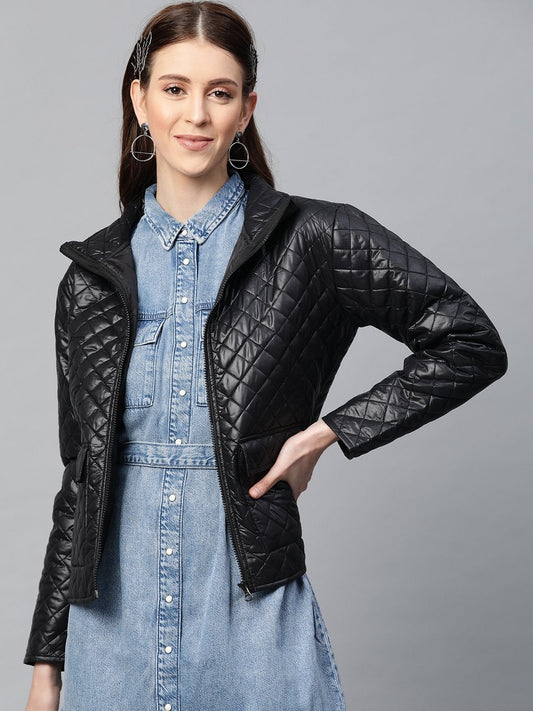 Women's Black Flap Pockets Quilted Puffer Jacket