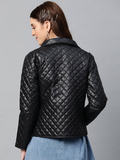 Women's Black Flap Pockets Quilted Puffer Jacket