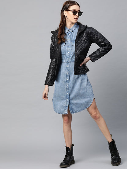 Women's Black Flap Pockets Quilted Puffer Jacket