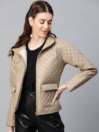 Women's Khaki Flap Pockets Quilted Puffer Jacket