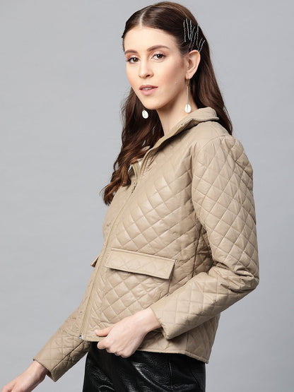 Women's Khaki Flap Pockets Quilted Puffer Jacket