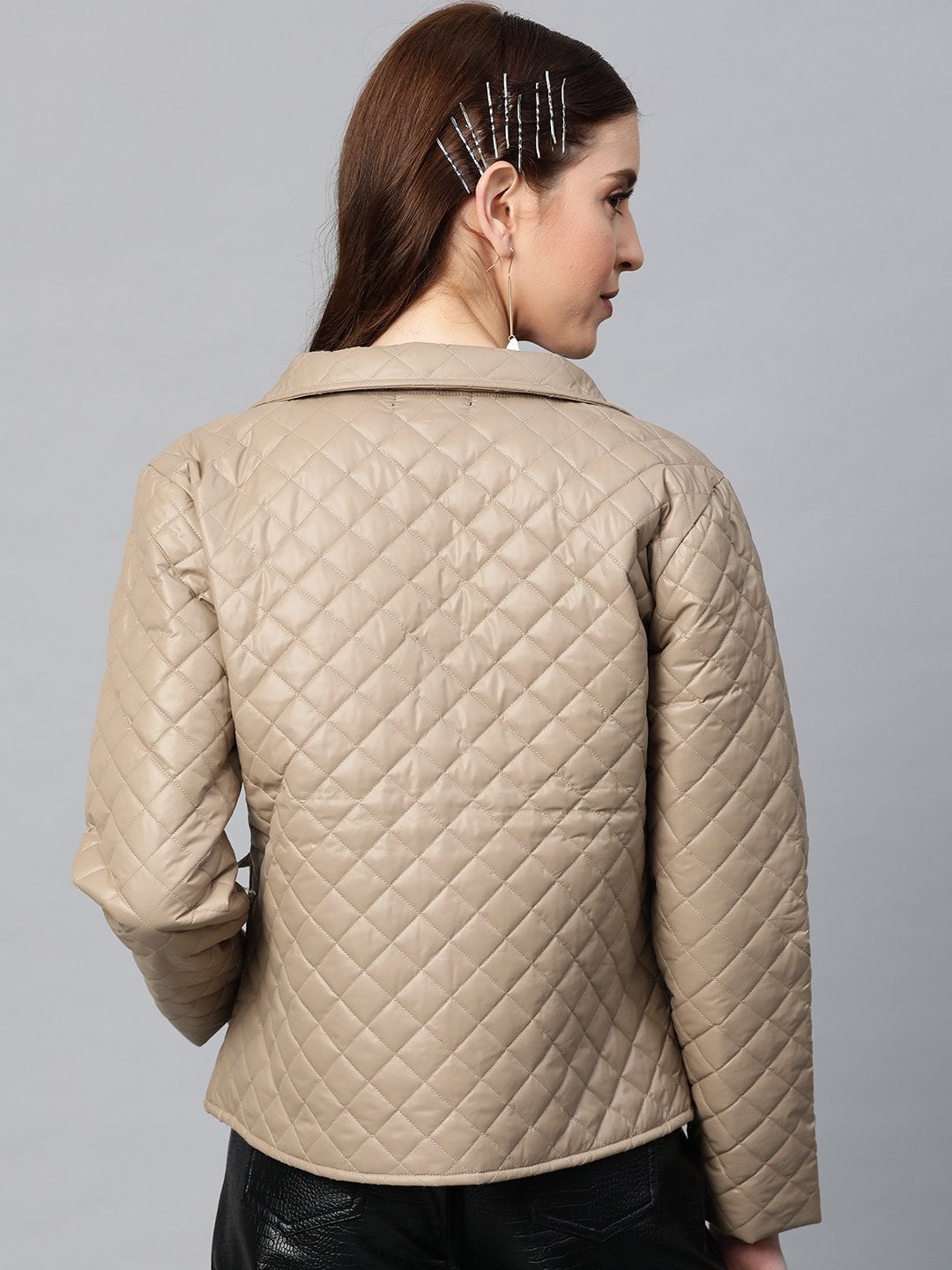 Women's Khaki Flap Pockets Quilted Puffer Jacket