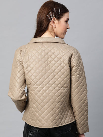 Women's Khaki Flap Pockets Quilted Puffer Jacket