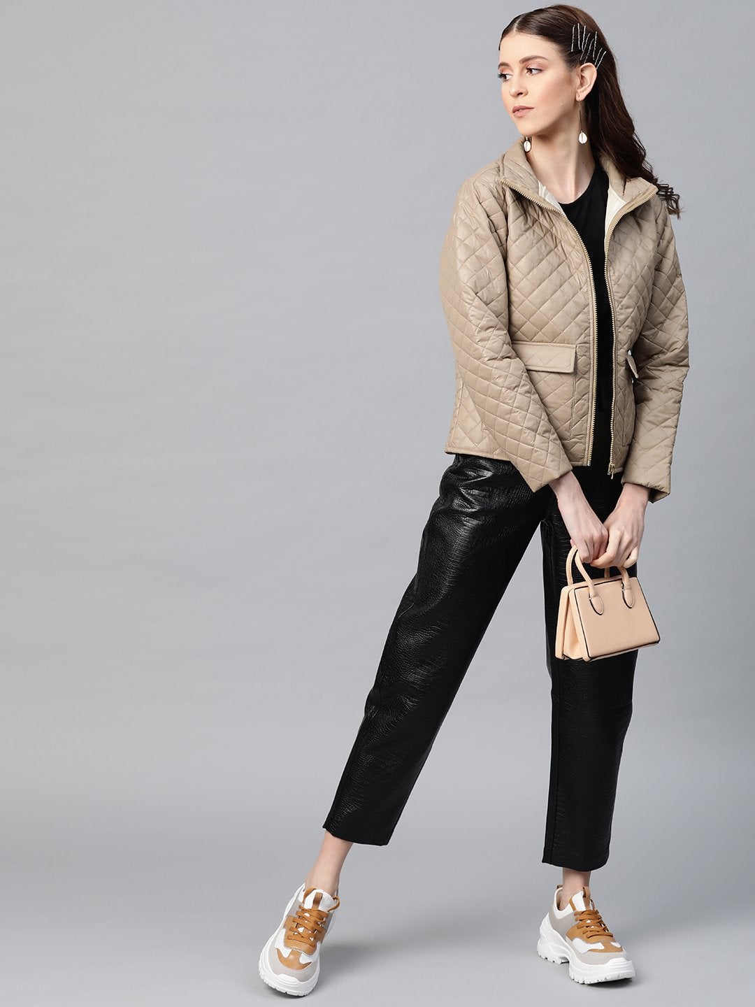 Women's Khaki Flap Pockets Quilted Puffer Jacket