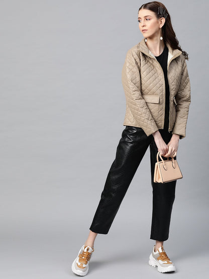Women's Khaki Flap Pockets Quilted Puffer Jacket