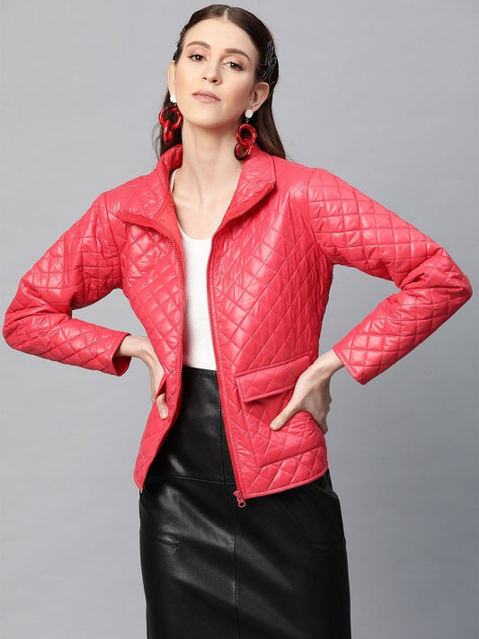 Women's Red Flap Pockets Quilted Puffer Jacket