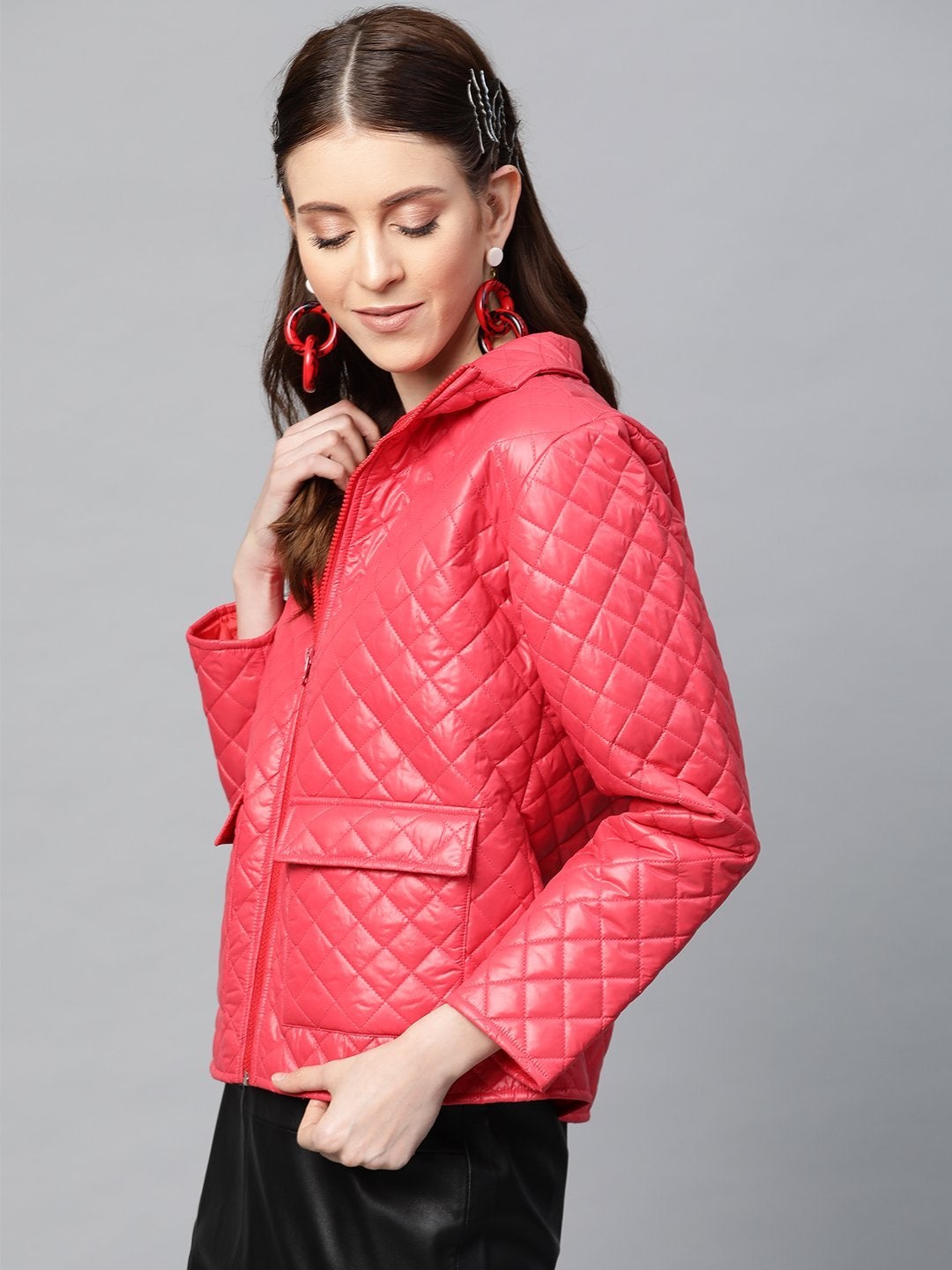 Women's Red Flap Pockets Quilted Puffer Jacket