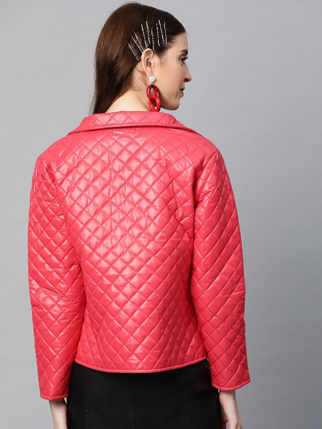Women's Red Flap Pockets Quilted Puffer Jacket