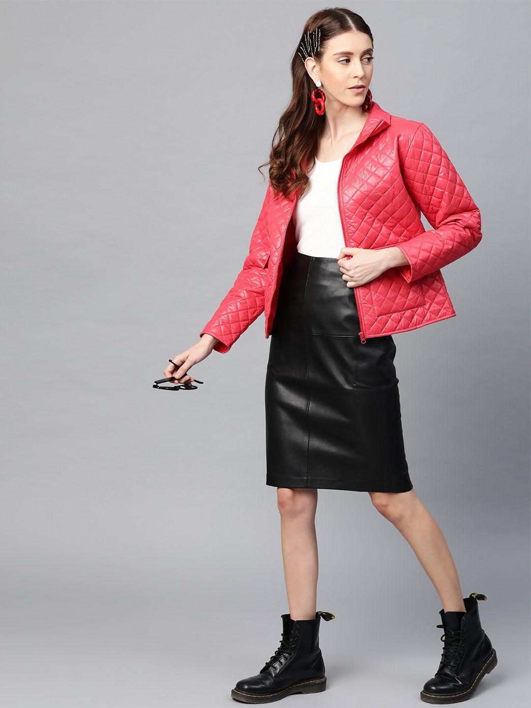 Women's Red Flap Pockets Quilted Puffer Jacket