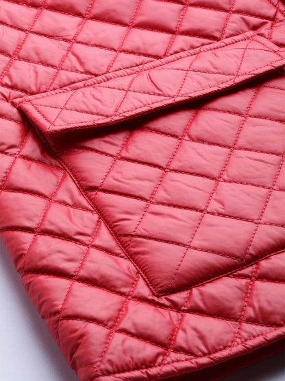 Women's Red Flap Pockets Quilted Puffer Jacket