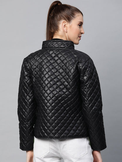 Women's Black Contrast Zipper On Sleeves Quilted Jacket
