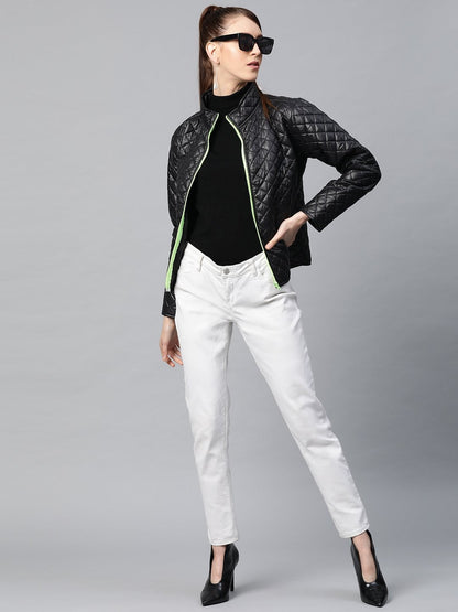 Women's Black Contrast Zipper On Sleeves Quilted Jacket
