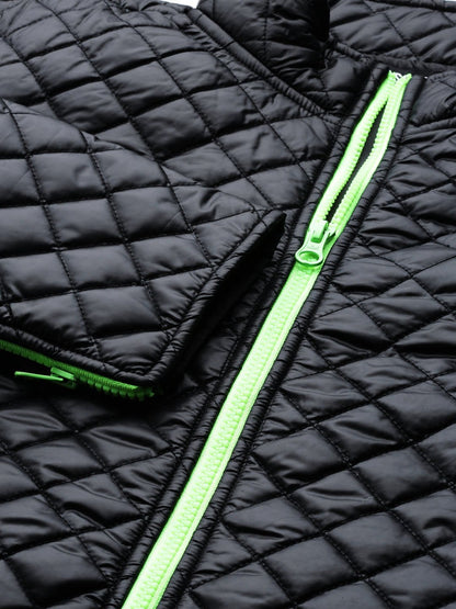 Women's Black Contrast Zipper On Sleeves Quilted Jacket