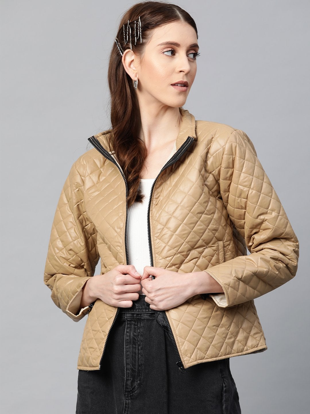Women's Khaki Contrast Zipper On Sleeves Quilted Jacket