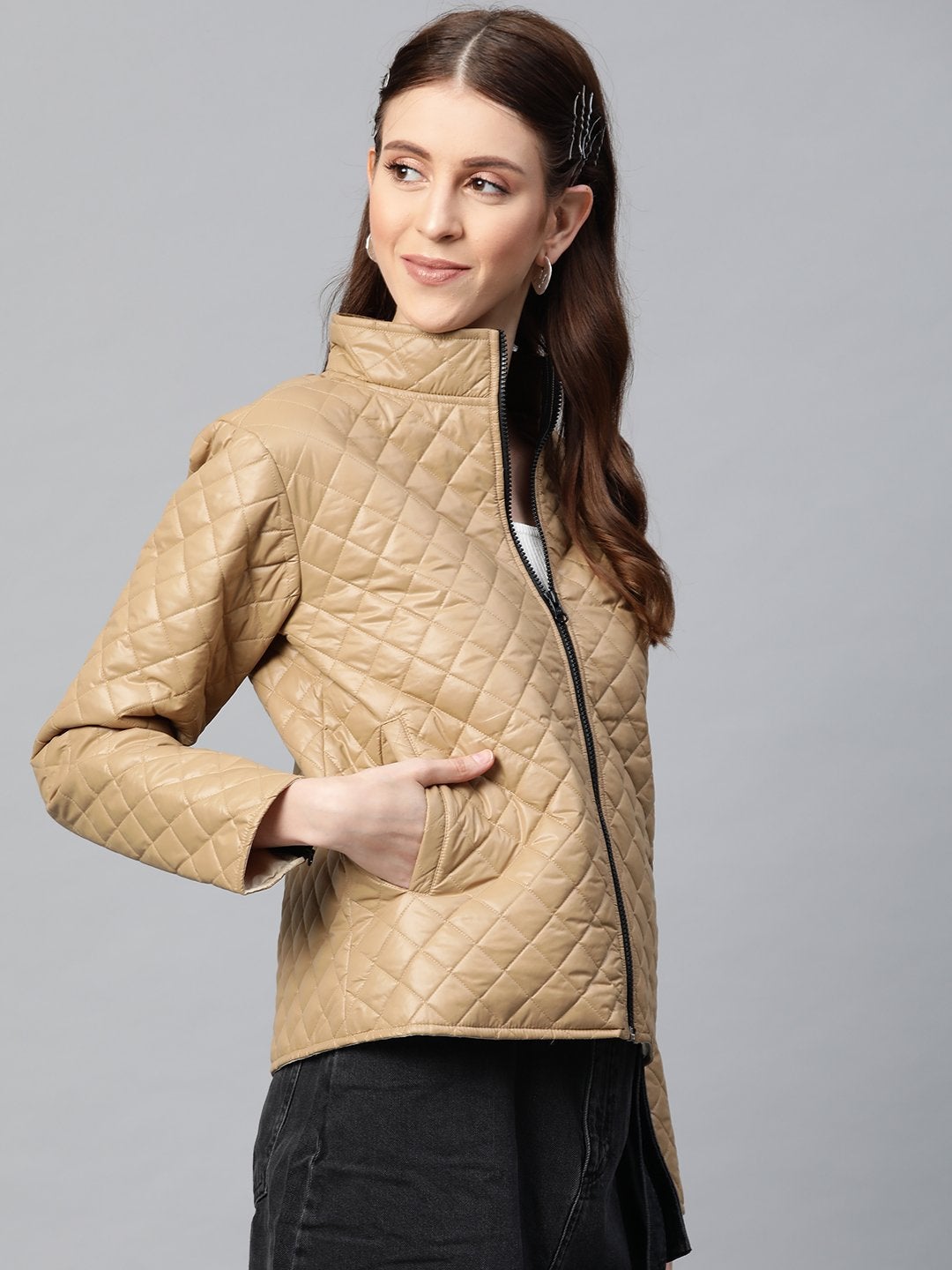 Women's Khaki Contrast Zipper On Sleeves Quilted Jacket